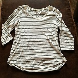 Soft White and Navy 3/4 sleeve Top Open Back XL